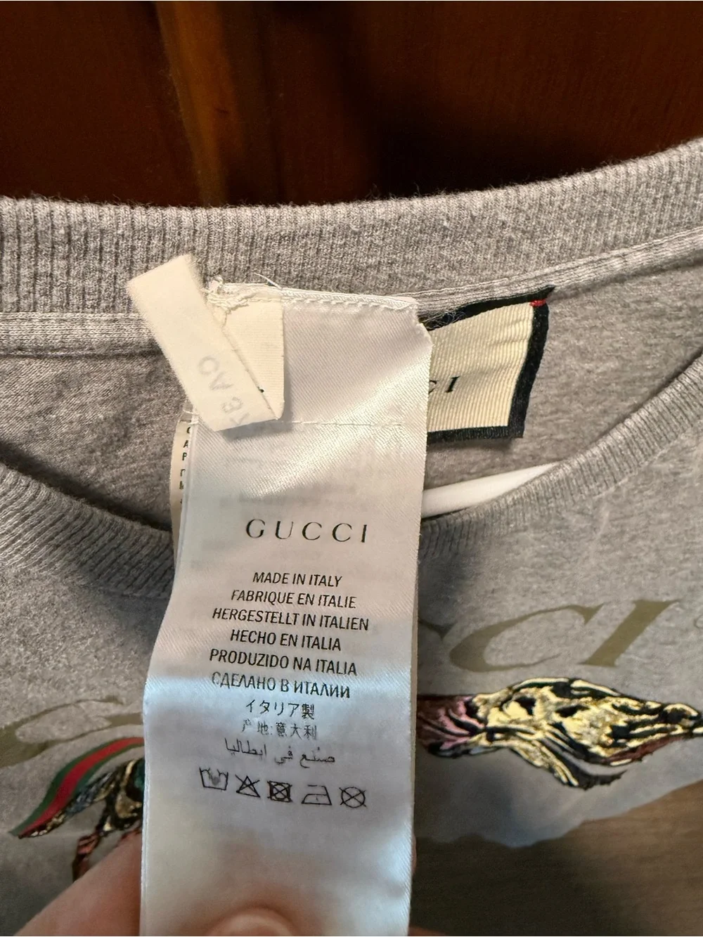 Gucci Men's unisex Grey Multicolor Tiger Logo T-Shirt